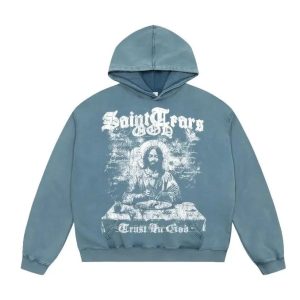 Saint Michael Blue Jesus Graphic Pullover Hoodie
