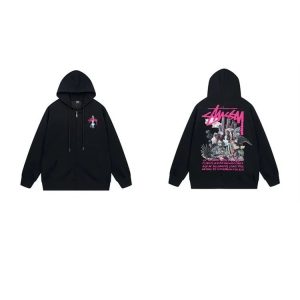 Stussy Black Graphic Zip Hoodie Streetwear Sweater