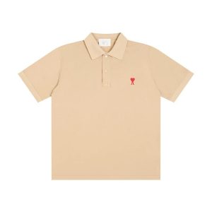 Ami Paris Beige Polo T-Shirt With Red Heart Logo