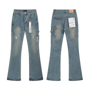 Purple Brand Flared Cargo Jeans Paint Splatter Denim Pants