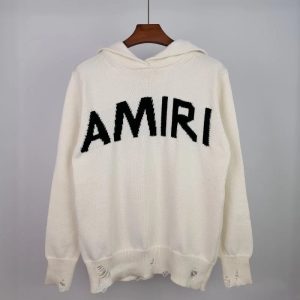 Amiri White Logo Distressed Knit Hoodie Sweater