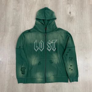 Lost Shadows Green Rhinestone Distressed Zip Hoodie