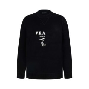 Prada Black Knit Crewneck Sweater Logo Pullover