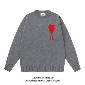 Ami Paris Grey Heart Logo Knit Sweater