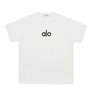 Alo White Logo Short Sleeve Cotton T-Shirt