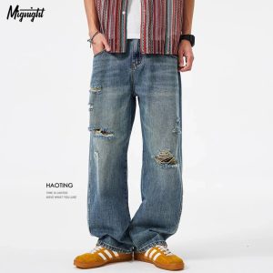 Mr.gnight Men Ripped Loose Fit Denim Jeans
