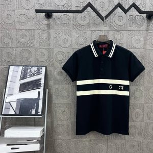 Gucci Men Polo Shirt Black White Stripe Top