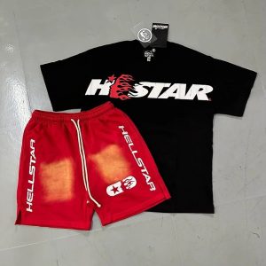 Hellstar Flame Print Black T-Shirt Red Shorts Set