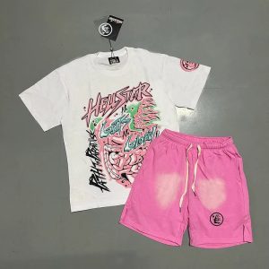 Hellstar White Graphic T-Shirt and Pink Shorts Set