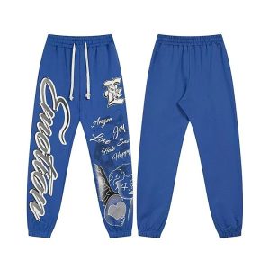 Mixed Emotion Graphic Blue Drawstring Jogger Pants
