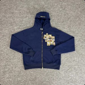 Derschutze Navy Zip Hoodie Embroidered Graphic Sweater