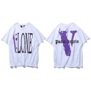 Vlone Palm Angels White Purple Flame Print T-Shirt