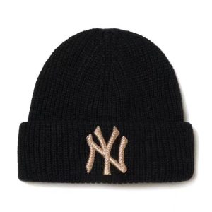 New York Yankees Black Knit Beanie Hat Gold Logo